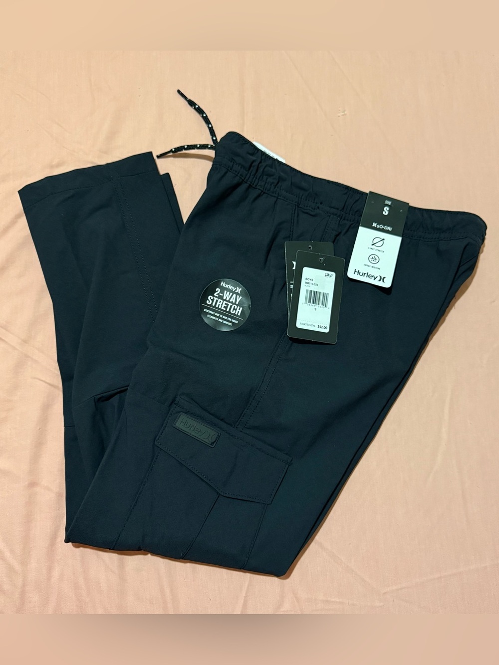 Hurley Boys Black Cargo Joggers with Elastic Waist